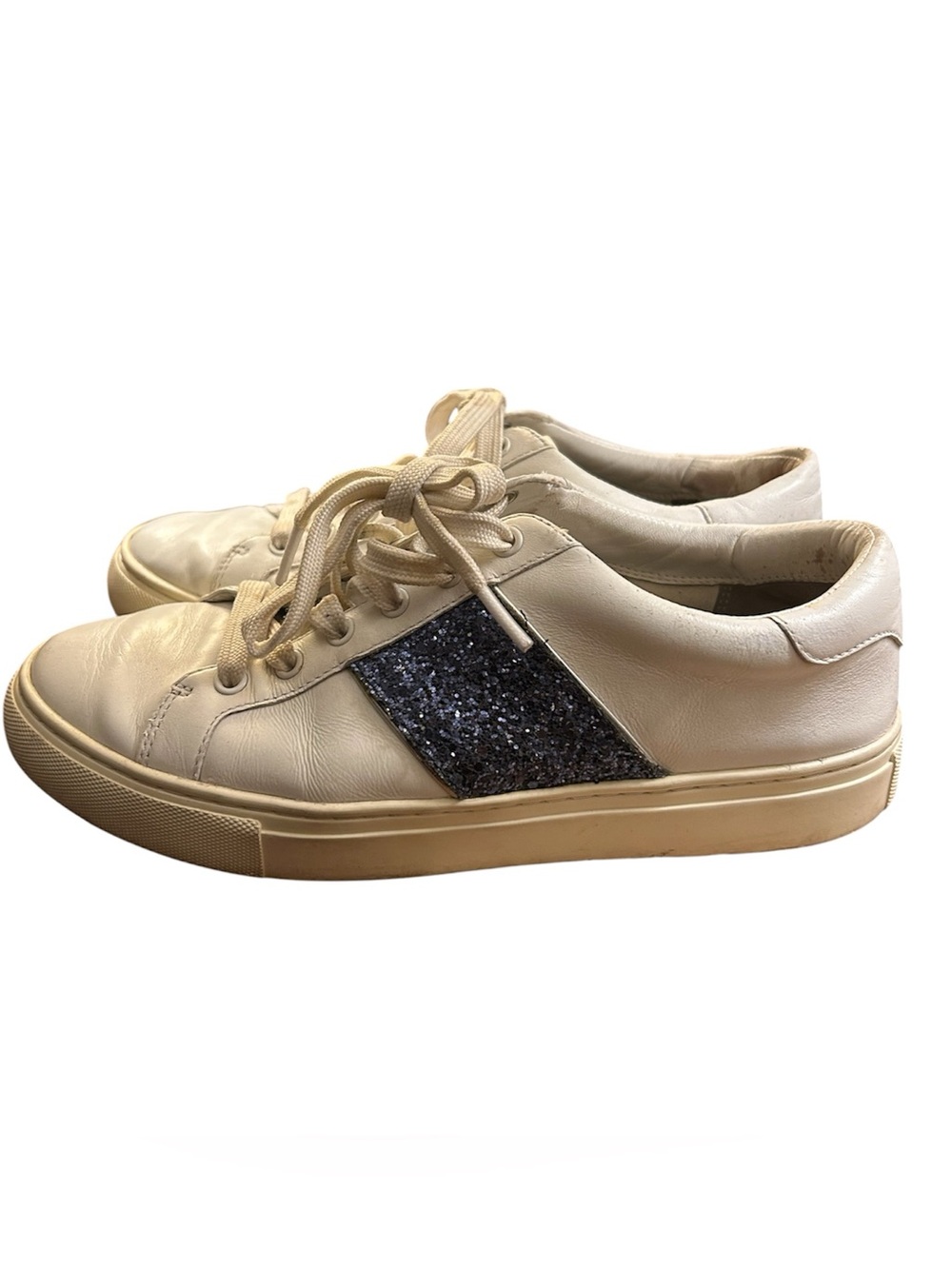 Tory Burch Carter White Leather Blue Glitter Sneakers Size 8M - Picture 4 of 8